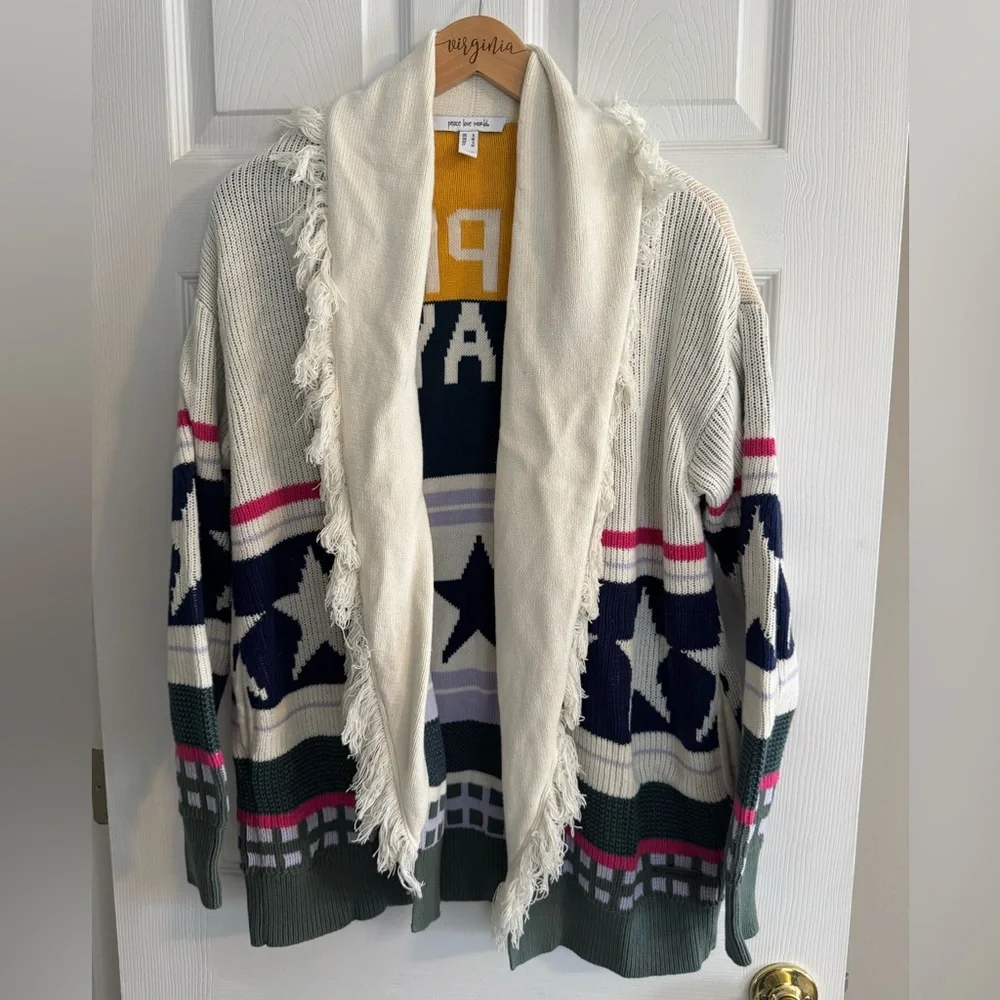 Peace Love World - Happy Day fringe cardigan- size small - Picture 2 of 3